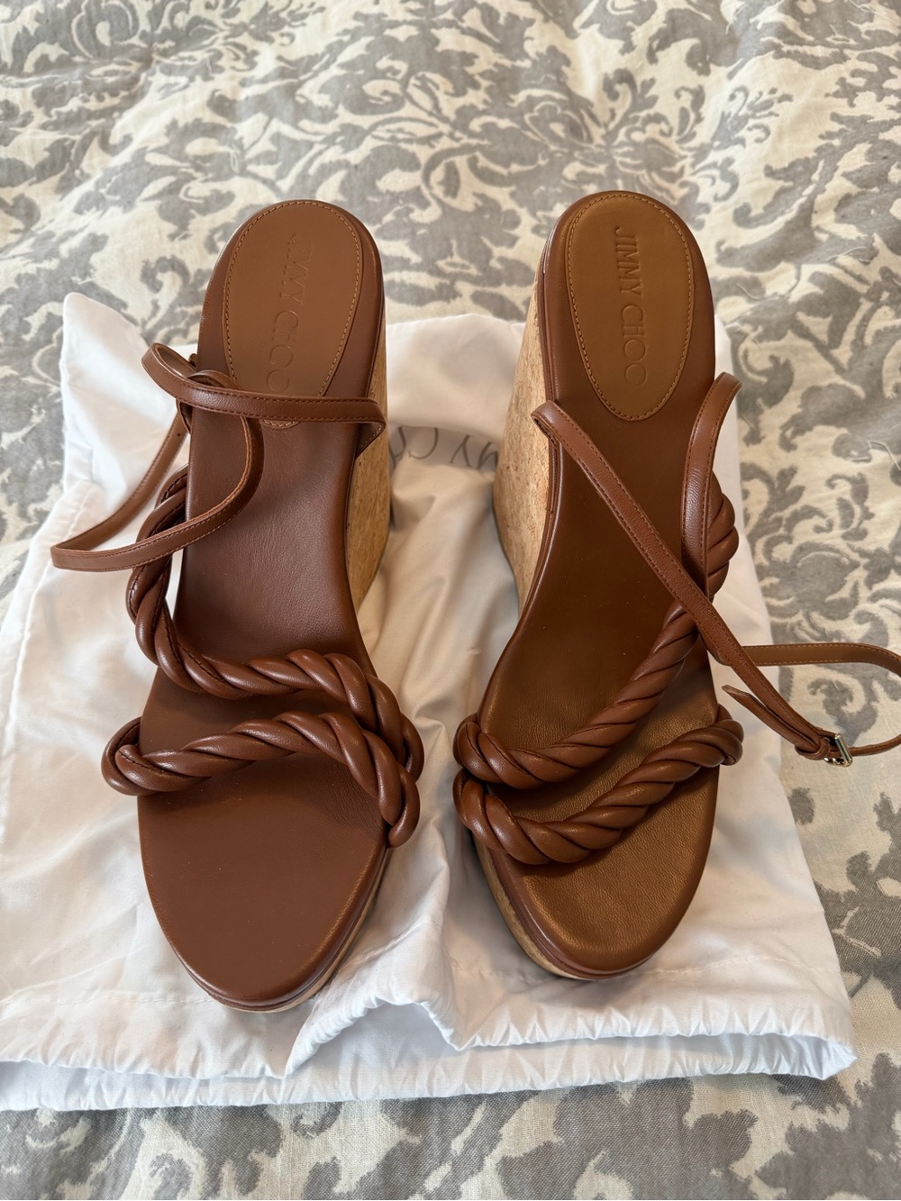 Jimmy Choo Cognac Twisted-Rope Cork Wedge Sandals